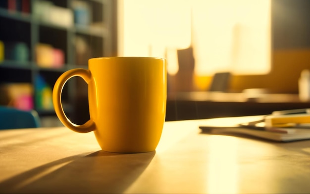 Diese gelbe Kaffeetasse steht heiß auf einem Schreibtisch