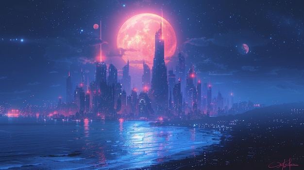 Diese Illustration zeigt die Sea City Vintage Version Blue in einem realistischen Cartoon-Stil Dieses Hintergrunddesign bietet einen fantastischen Sci-Fi-Hintergrund
