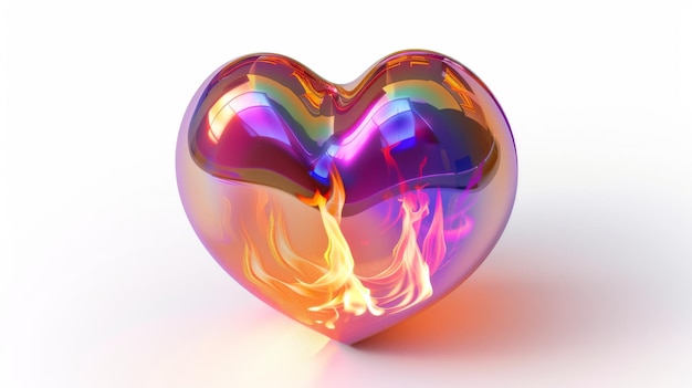 Diese Illustration zeigt ein 3D-holographisches Herz-Symbol mit Feuerflamme im Y2K-Stil auf weißem Hintergrund. Diese Illustration ist mit 3D-Iridescent-Chrom-heißen Herzen in einem Regenbogen-Gradienten dargestellt.