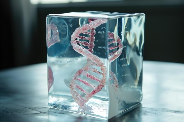Diese Nahaufnahme zeigt die klaren Details eines Glasblocks, der auf einer DNA-Helix in einem Glaswürfel auf einem Tisch ruht.