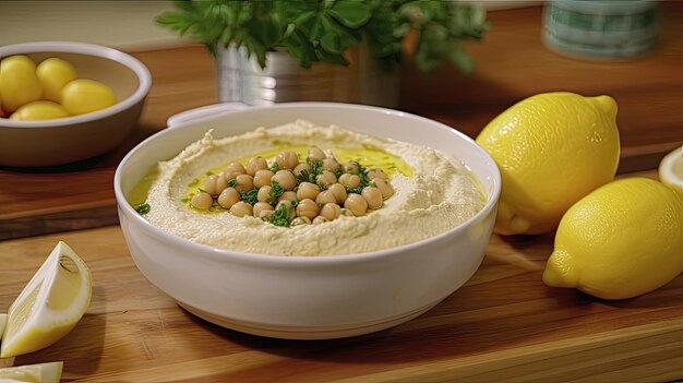 Dieser cremige und würzige mediterrane Hummus wird aus frischem Kichererbsen-Tahini-Zitronensaft und Olivenöl hergestellt und eignet sich perfekt zum Dippen oder Aufstreichen. Generated by AI