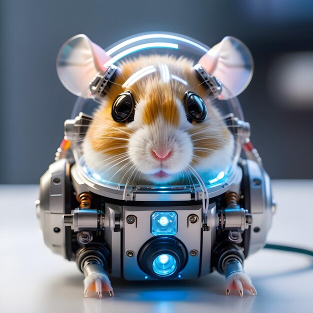 Dieser Cyborg-Astronauten-Hamsterkopf ist ein ziemlicher Anblick. Er ist durch Kabel und Drähte mit einem Att verbunden.