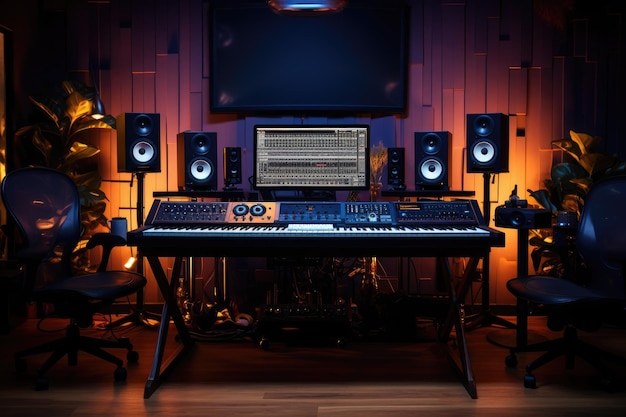 Dieser Raum verfügt über Keyboard-Lautsprecher und einen Monitor, der eine perfekte Arbeitsstation für maximale Produktivität bietet Musikproduzent, der im Aufnahmestudio arbeitet