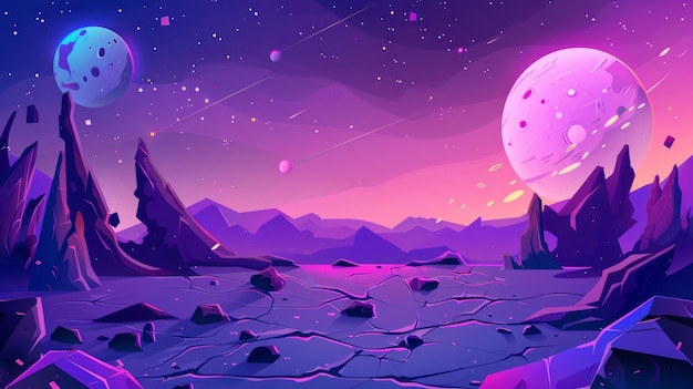 Dieser Weltraum-Hintergrund zeigt lila Planetenlandschaften, Sterne, Satelliten und fremde Planeten am Himmel. Es ist eine moderne Cartoon-Fantasie-Illustration des Kosmos.