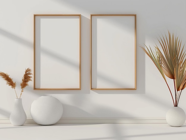 Dieses 3D-Rendering zeigt ein leeres Bildrahmen-Mockup gegen eine weiße Wand