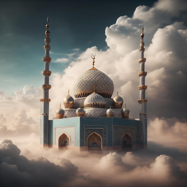 Dieses Bild fängt die Schönheit der islamischen Architektur mit einer atemberaubenden Moschee im Vordergrund ein