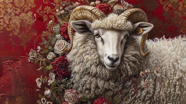 Dieses Bild ist ein Gemälde eines Schafes mit roten und weißen Rosen. Das Schaf steht vor einem roten Hintergrund mit einem blumigen Muster.