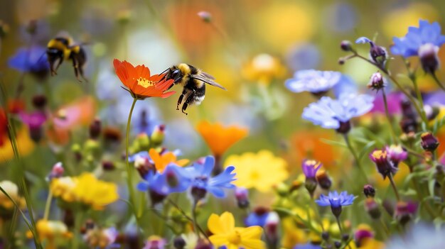 Foto dieses bild ist eine wunderschöne nahaufnahme einer biene, die eine blume bestäubt