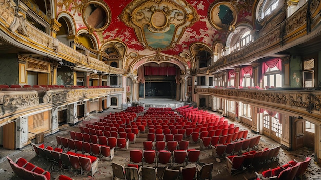 Foto dieses bild zeigt das innere eines verlassenen theaters. die sitze sind rot und die wände sind mit kunstvollen mustern geschmückt.