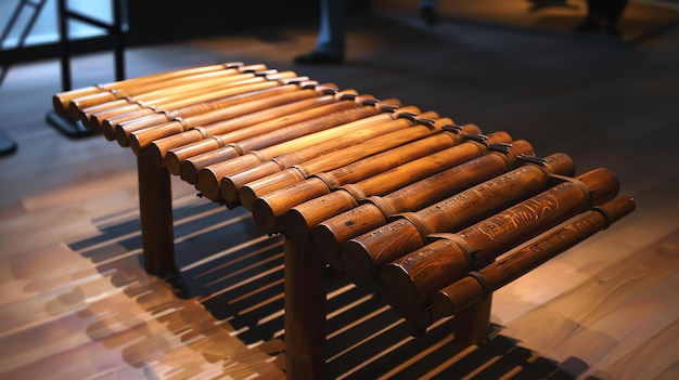 Foto dieses bild zeigt ein holz-xylophone auf dem boden. das xylophone ist aus natürlichem holz gefertigt und auf dem boden platziert.