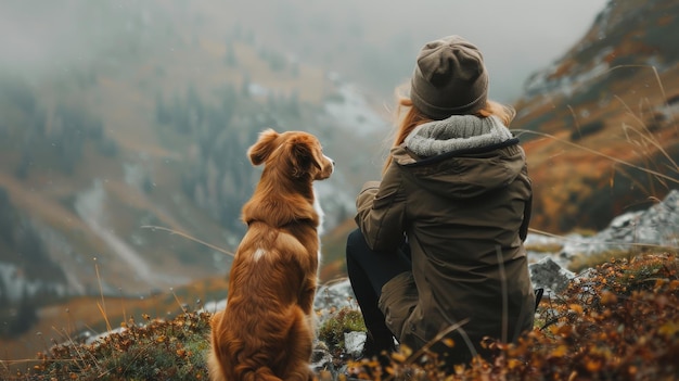 Dieses Bild zeigt ein Mädchen mit einem Tolling-Hund in den Bergen Sommer Stimmung Reisen mit einem Haustier Ein Nova Scotia Duck Tolling Retriever