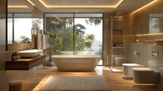 Dieses Bild zeigt ein zeitgenössisches Badezimmer mit einer großen Wanne und einer eleganten Waschbecke.
