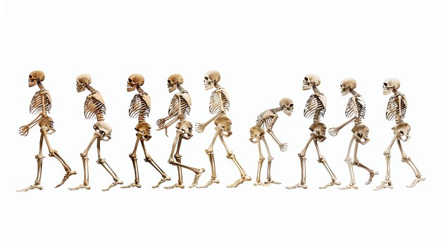 Foto dieses bild zeigt eine reihe von skeletten, die die evolution des menschlichen gehens darstellen