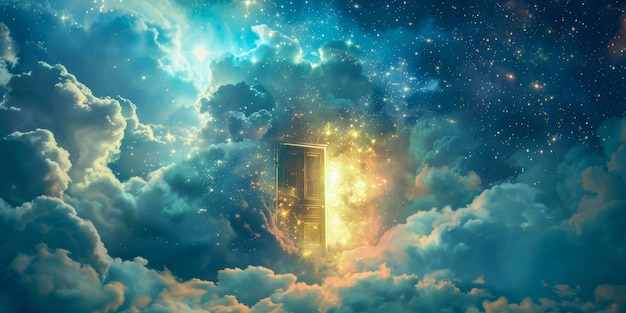 Dieses Bild zeigt eine surrealistische Szene einer Tür, die inmitten flauschiger Wolken am Himmel schwebt und einen geheimnisvollen und bezaubernden Anblick erzeugt.