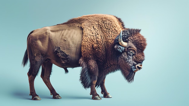 Foto dieses bild zeigt einen großen majestätischen bison, der auf einem blauen hintergrund steht. der bison blickt auf den betrachter und hat einen stolzen, entschlossenen blick auf seinem gesicht.