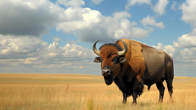 Dieses Bild zeigt einen großen, majestätischen Bison, der in einem goldenen Grasfeld steht. Der Bison blickt dem Betrachter mit einem entschlossenen Ausdruck in den Augen zu.