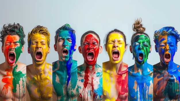 Foto dieses bild zeigt fünf menschen mit gesichtern, die mit leuchtender farbe bedeckt sind. sie schreien alle mit geschlossenen augen. der hintergrund ist hellgrau.