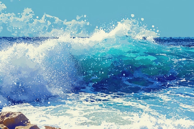 Dieses Foto zeigt ein lebendiges Gemälde, das die Energie und Kraft einer Welle erfasst, die sich kräftig über eine zerklüftete Felsfläche stürzt.
