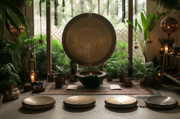 Dieses Foto zeigt einen Raum voller zahlreicher Pflanzen und Teller, die über die Regale und Tische verteilt sind.