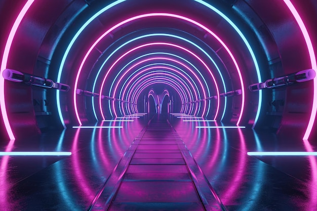 Dieses Foto zeigt einen Tunnel, der mit Neonlichtern geschmückt ist, die eine lebendige Farbe ausstrahlen.