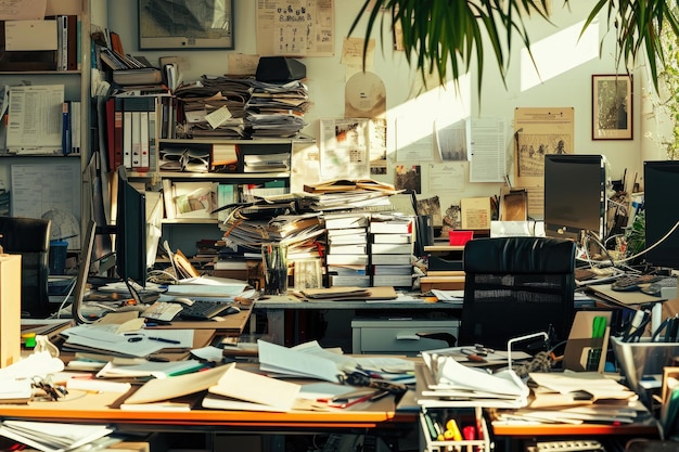 Dieses Foto zeigt einen überfüllten Schreibtisch mit Stapeln von Papieren, Büchern und verschiedenen Gegenständen, die unordentlich verstreut sind. Ein chaotisches Büro mit Stapeln von Papierkram und verstreuten Büromaterialien. KI-generiert