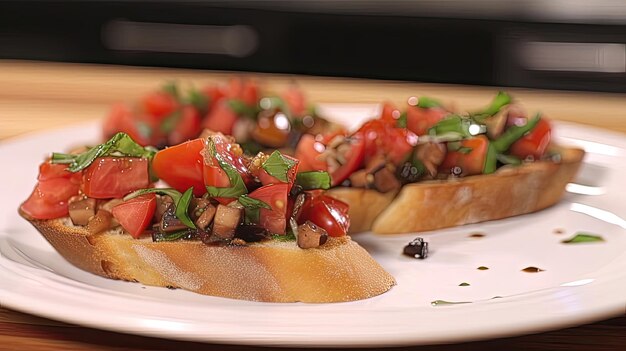 Dieses herzhafte kalte Bruschetta wird mit würzigen Tomatenwürfeln, duftendem frischem Basilikum, scharfem Knoblauch und würzigem Balsamico-Essig gekrönt, der von AI erzeugt wird