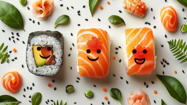 Foto dieses kawaii sushi sashimi und rollen nahtloses muster cartoon emojis mangastyle traditionelle japanische oder asiatische küche und lebensmittel isoliert auf weiß ist geeignet für textilien und verpackung