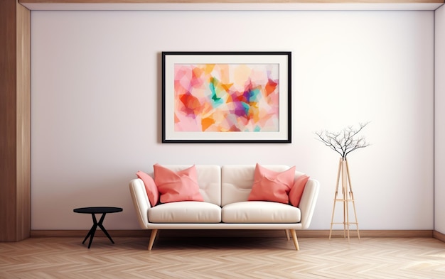 Dieses minimale Sofa und gemütliche Wohnzimmer hat eine auffällige Funktion, die mit generativer Ai erstellt wurde.