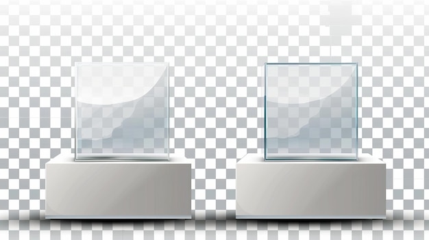 Foto dieses moderne modell einer 3d-acryl- oder plexiglas-box für die ausstellung ist auf einem transparenten hintergrund isoliert und mit einem leeren klaren quadratischen schaufenster auf einem podium vorne gezeigt
