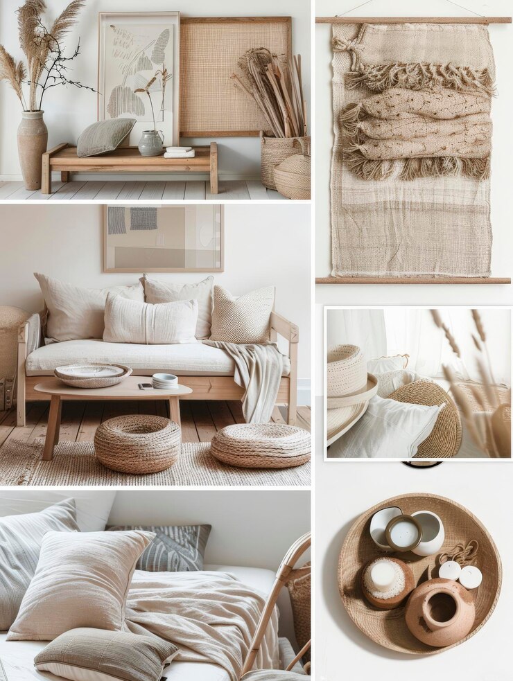 Foto dieses moodboard zeigt eine harmonische mischung aus skandinavischen designelementen, die natürliche texturen, weiche töne und ein minimalistisches dekor hervorheben, das für die schaffung eines ruhigen lebensraums geeignet ist.