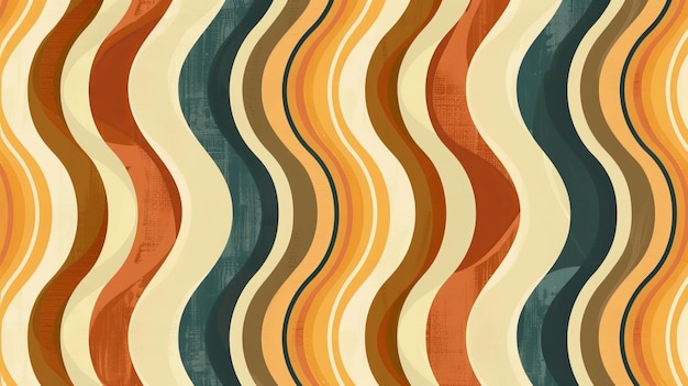 Dieses retro-nahtlose Muster weist vertikale Streifen, Linien und Locken in verschiedenen Farben auf