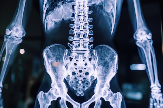 Dieses Röntgenbild bietet einen detaillierten Blick auf das gesamte menschliche Skelett, wobei die Knochenstruktur und anatomische Merkmale hervorgehoben werden.