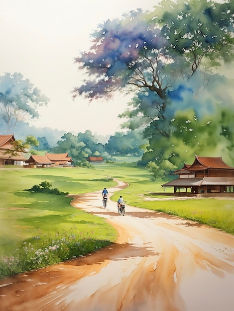 Dieses ruhige Aquarellgemälde einer thailändischen Landschaft lässt den Betrachter in eine ruhige Landschaft mit üppigen grünen Feldern eintauchen