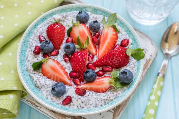 Dieta cetocetogénica paleo baja en carbohidratos no avena papilla de desayuno Pudín de chía de coco con fresas, arándanos, semillas de granada y almendras