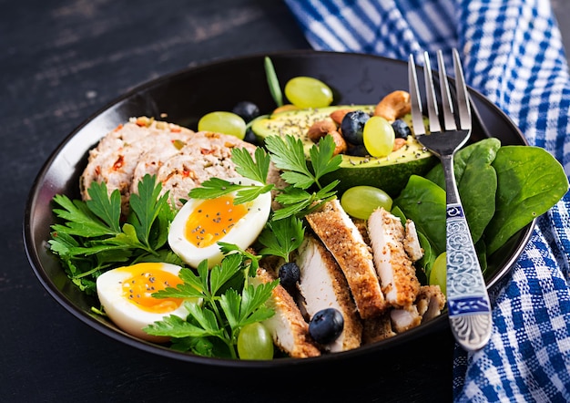 Dieta cetogénica Plato de cuenco de Buda con pan de carne pollo carne de aguacate bayas y nueces Desintoxicación y concepto saludable Alimentos keto