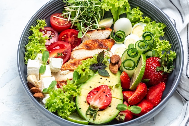 Dieta cetogênica. salada de frango com abacate, queijo feta, ovos de codorna, morangos, nozes e alface em fundo branco. Café da manhã Keto paleo. Conceito de deliciosa comida equilibrada.