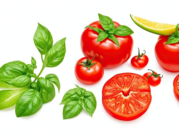 Foto dieta de cocina de alimentos rojos o elemento de diseño de jardín hecho de tomate maduro entero y en rodajas de fondo
