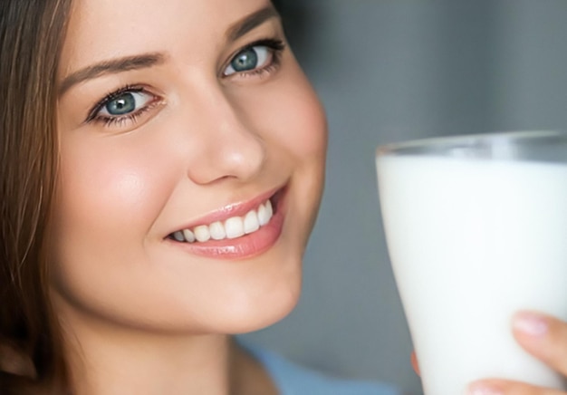 Dieta e bem-estar jovem com copo de leite ou coquetel de shake de proteína