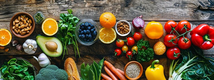Dieta equilibrada alimentos saudáveis sobre um fundo de madeira