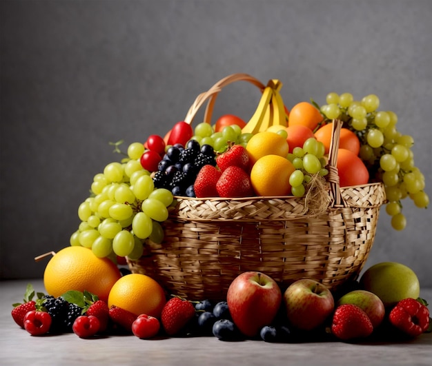 Dieta saludable frutas frescas y saludables en canasta de paja de granja orgánica generada por Ai
