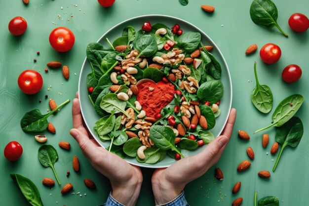 Foto dieta saudável para o coração com vegetais, espinafre e nozes