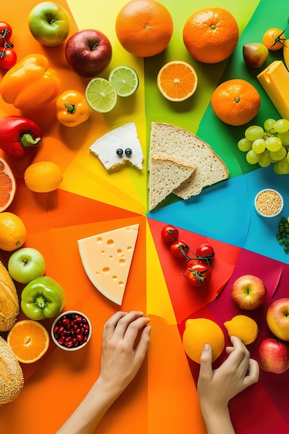 Foto dietas uma pessoa revisando um gráfico de pratos coloridos cercados por frutas, legumes, grãos e proteínas