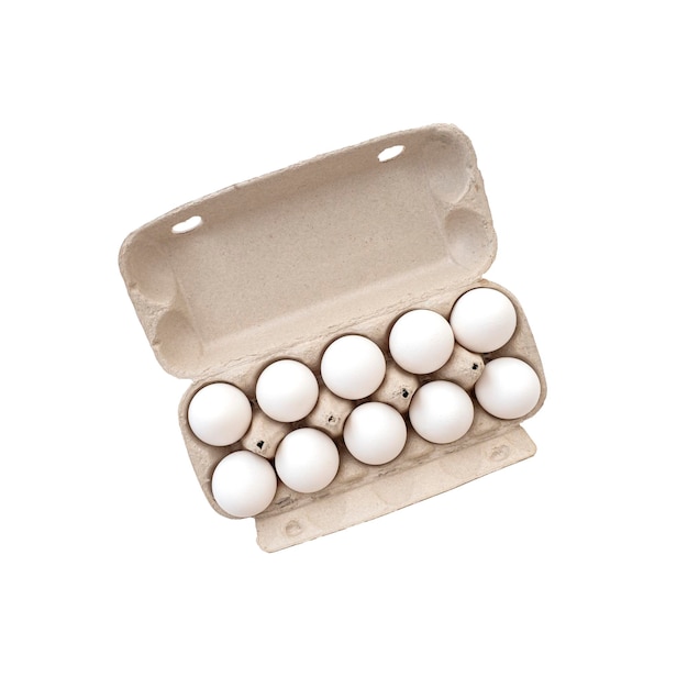 Diez huevos de gallina en un paquete de cartón aislado en una vista superior blancax9xA
