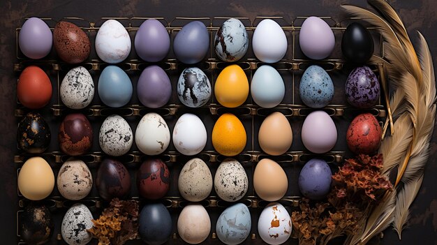 diez huevos de Pascua coloridos pintados a mano en un cartón de huevos