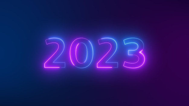 Los diez mejores números resplandecientes de luz de neón de cuenta regresiva de 10 a 1 segundos y FELIZ AÑO NUEVO 2023 Cuenta regresiva de neón púrpura y azul sobre fondo oscuro Ejecución de luz dinámica Números animados para introducciones