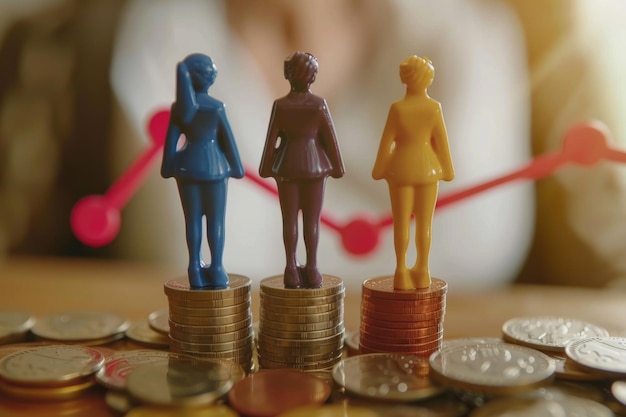 Foto diferença salarial entre homens e mulheres ilustrada com estatuetas masculinas e femininas em moedas