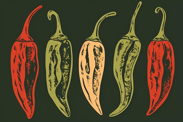 Diferente pimienta de chile caliente poblano jalapeno habanero establecido en fondo oscuro generativo ai