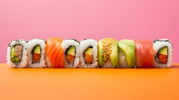 Foto diferente tipo de sushi aislado en un fondo colorido