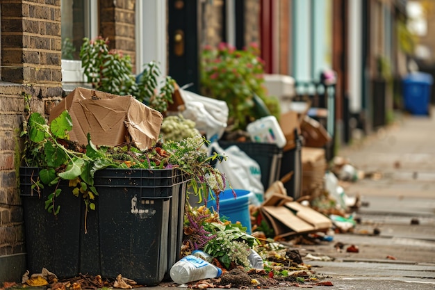 Diferentes artículos de basura doméstica puestos en la calle para la recogida a granel de residuos municipales