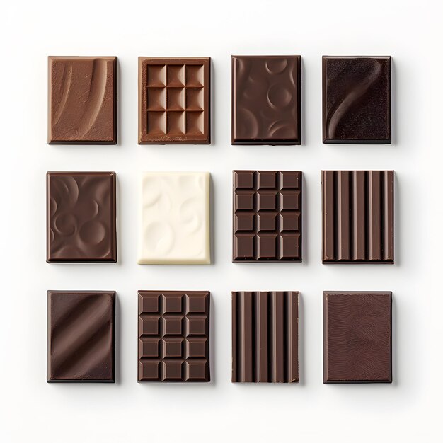Diferentes barras de chocolate aislado sobre fondo blanco.